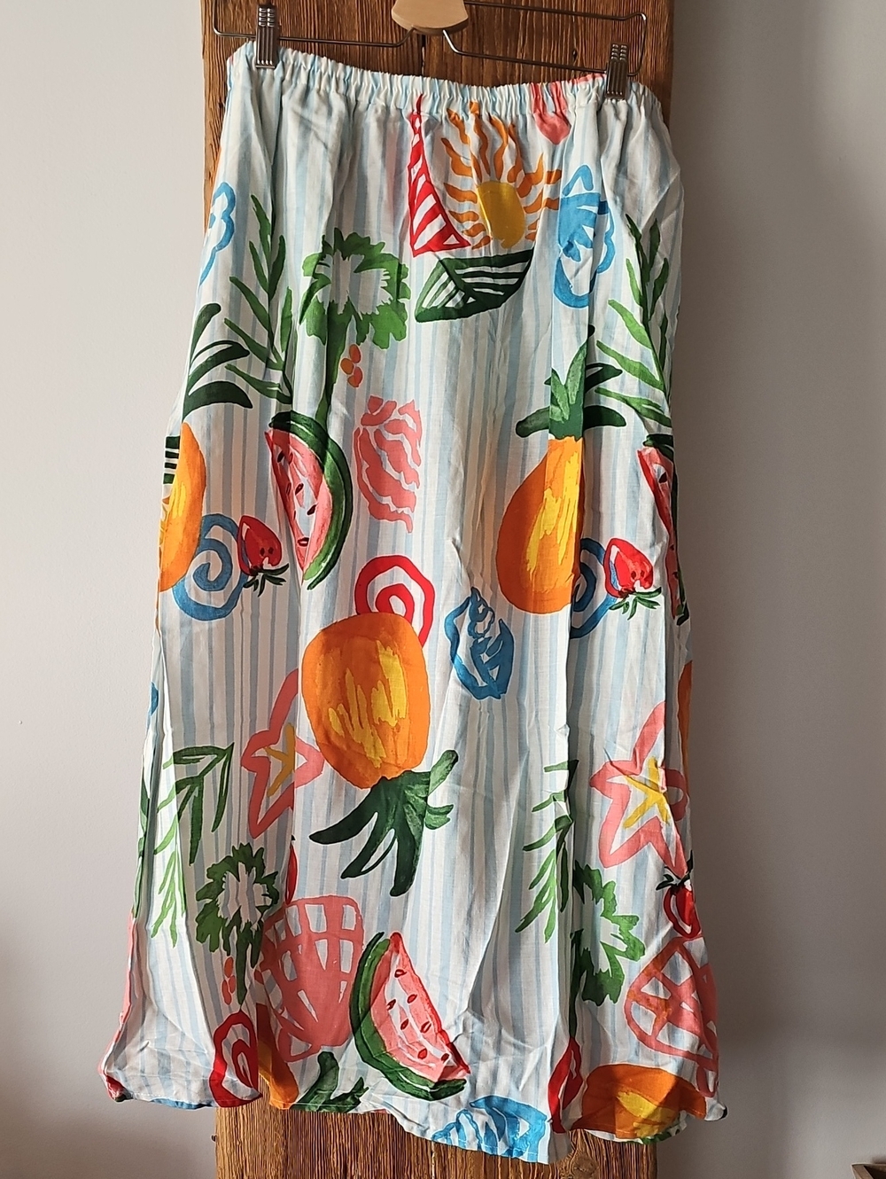 Calypso St. Barth Printed Midi Skirt White Tropical Fruit Motif Pockets Sz Large